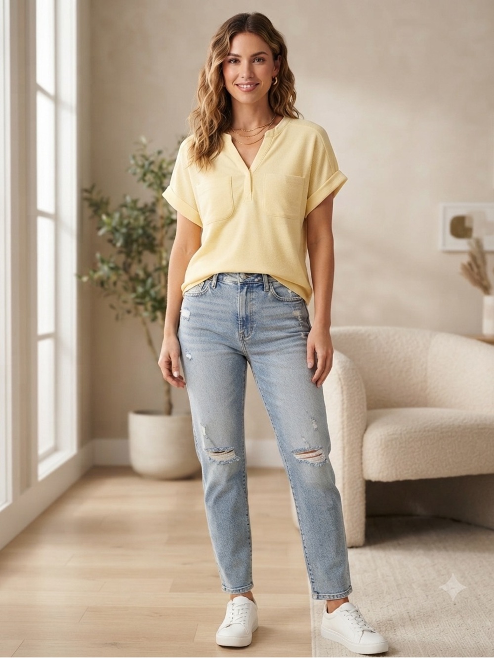 Effortless Chic: Pastel Yellow Split-Neck Blouse